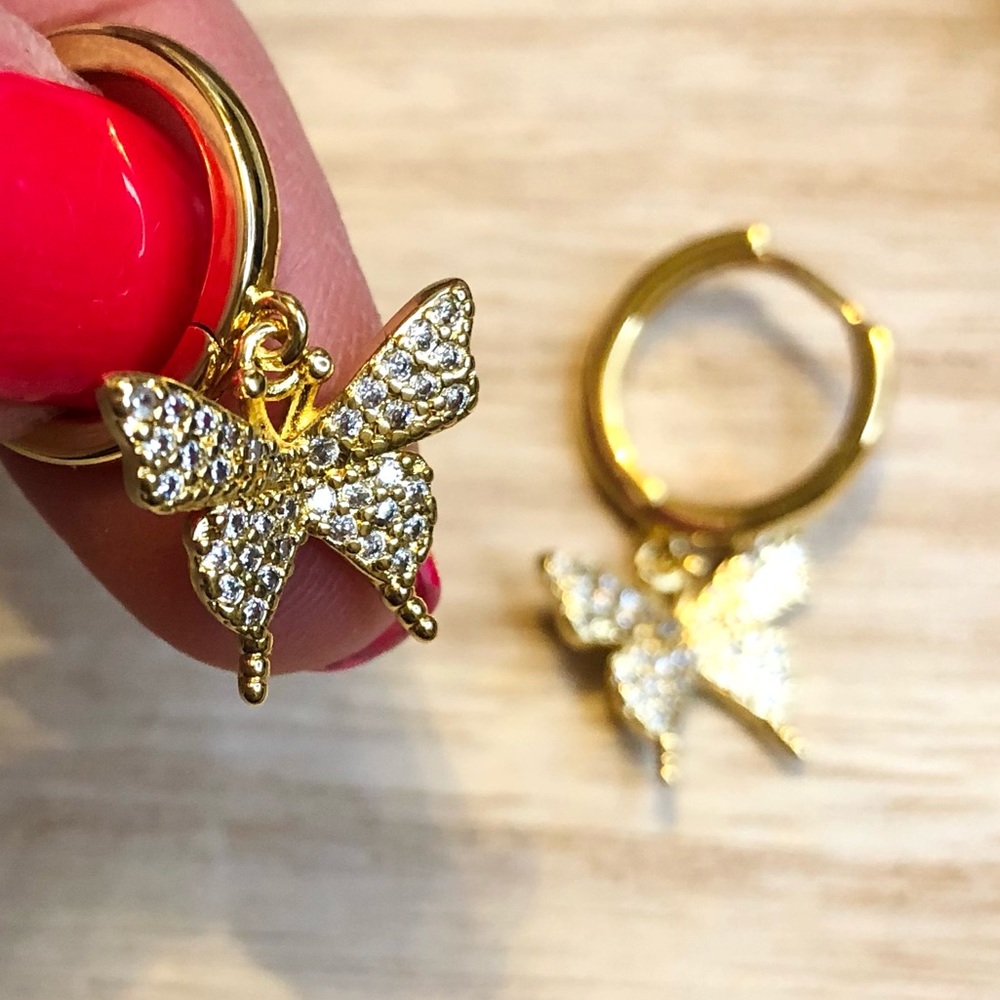 Dainty Gold Pave Butterfly Huggie Hoop Earrings